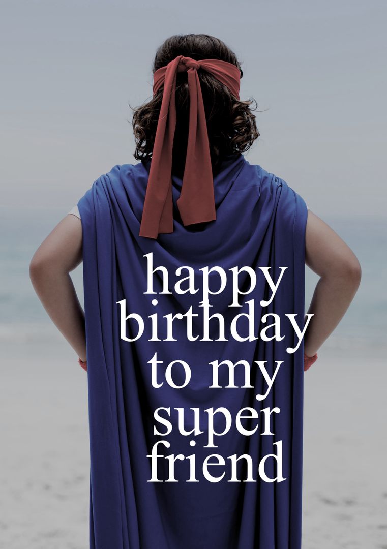 Blue-Caped Figure Standing on Beach with Birthday Message - Download Free Stock Templates Pikwizard.com