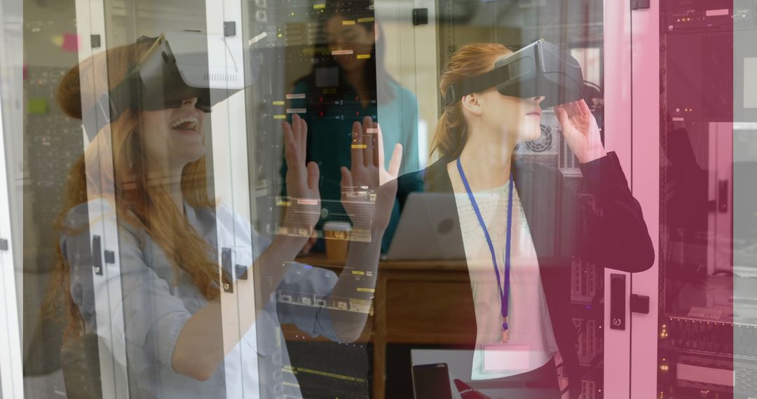 Woman in Virtual Reality Headset Exploring Data Center Technology