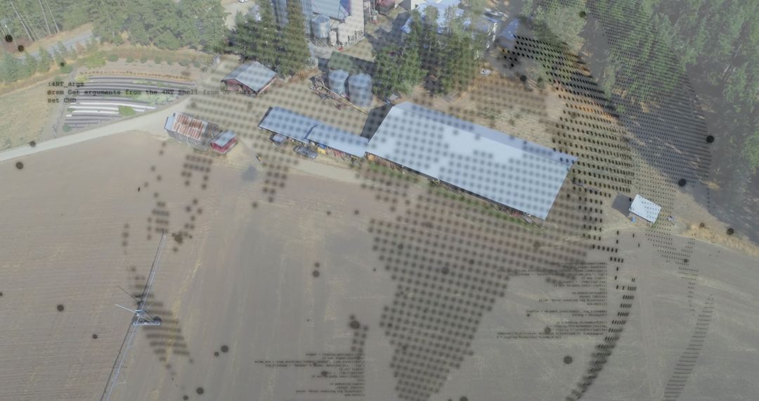 Aerial View of Agricultural Site with Digital Map Overlay