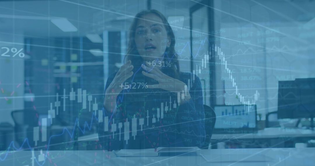 Businesswoman Analyzing Financial Data with Stock Graphs Overlay