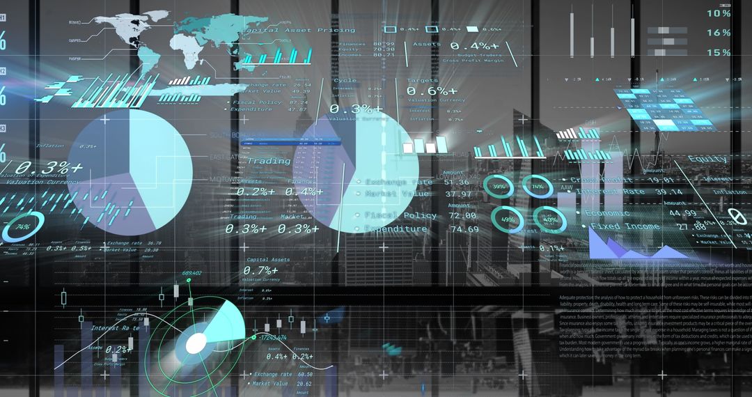 Digital Finance Data Overlay on Urban Skyline
