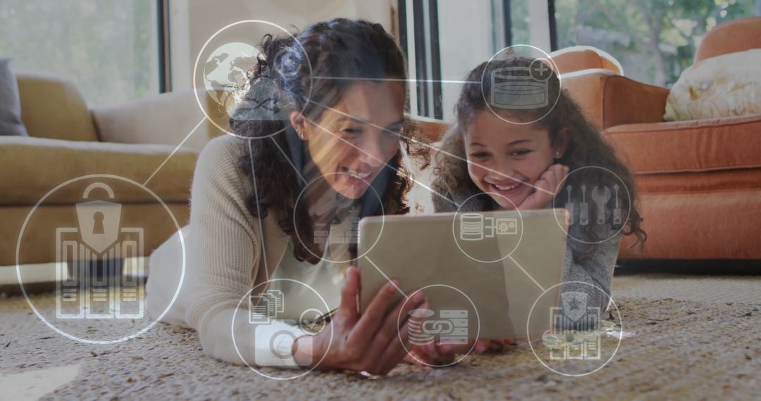 Mother and Daughter Exploring Tablet with Digital Security Icons in Living Room