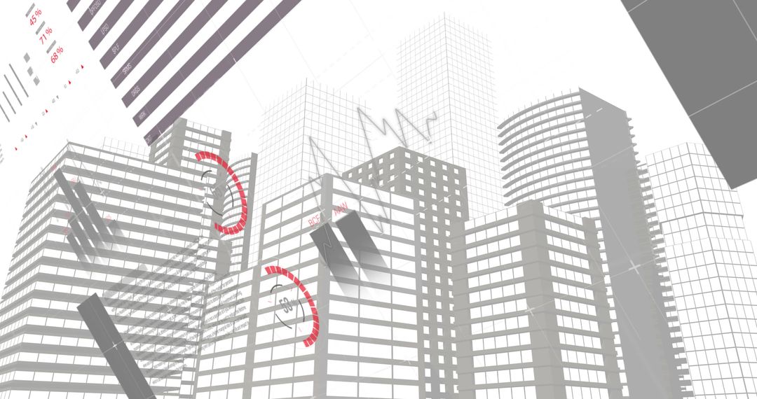 Cityscape with Financial Data Overlay Highlighting Global Connections