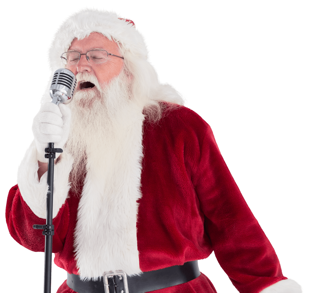 Transparent Santa Claus Singing with Vintage Microphone