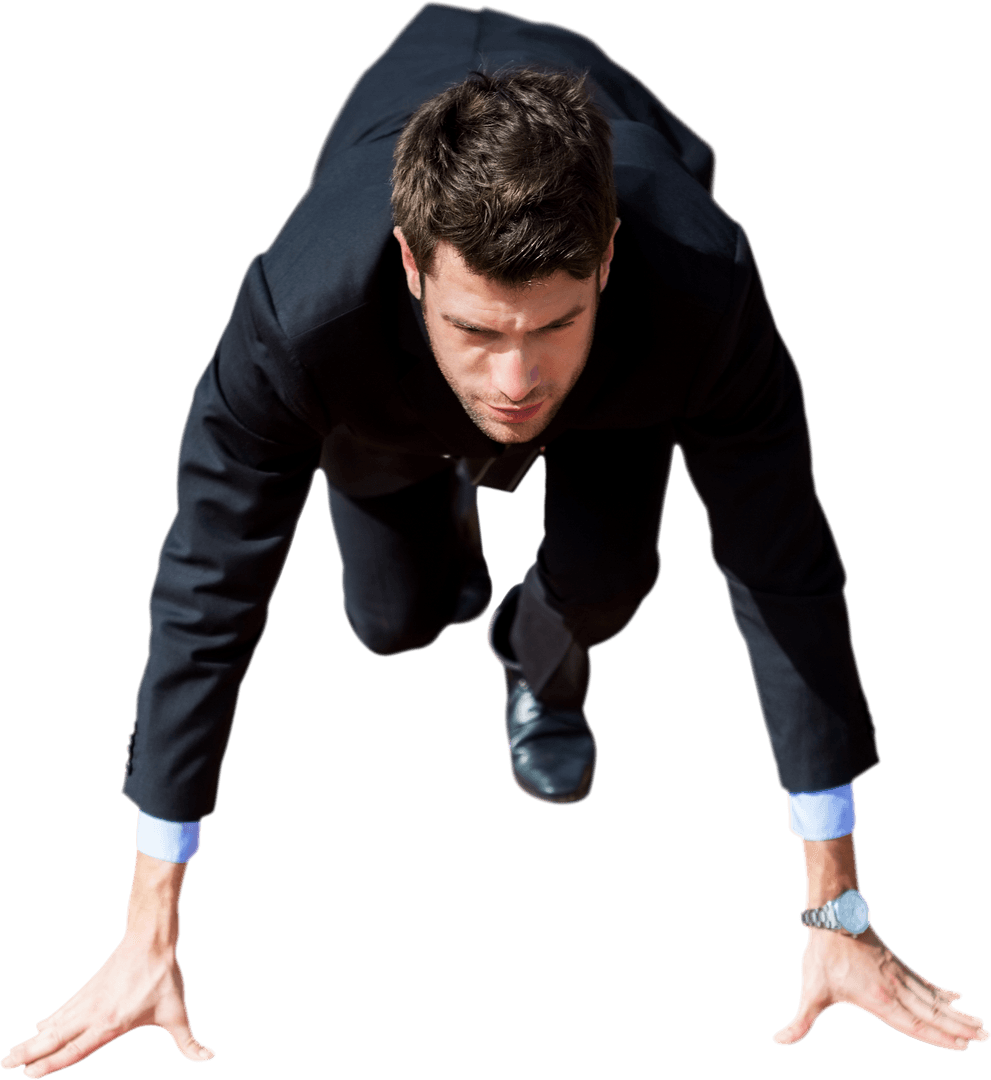 Transparent Businessman Crouching for Start in Suit