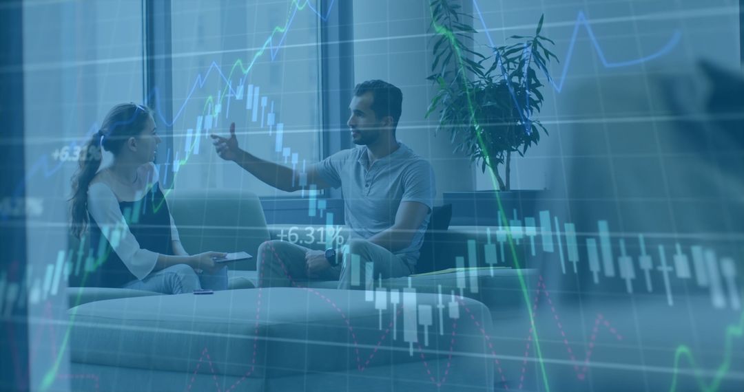 Office Workers Discuss Stock Market Analysis