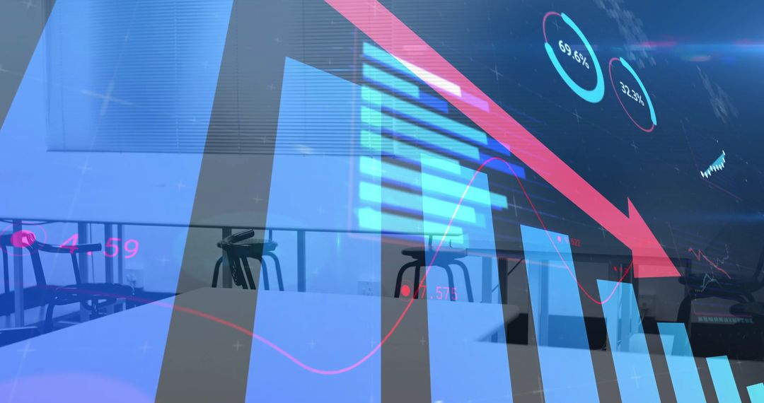 Declining Bar Graph with Red Arrow Over Empty Office Chairs