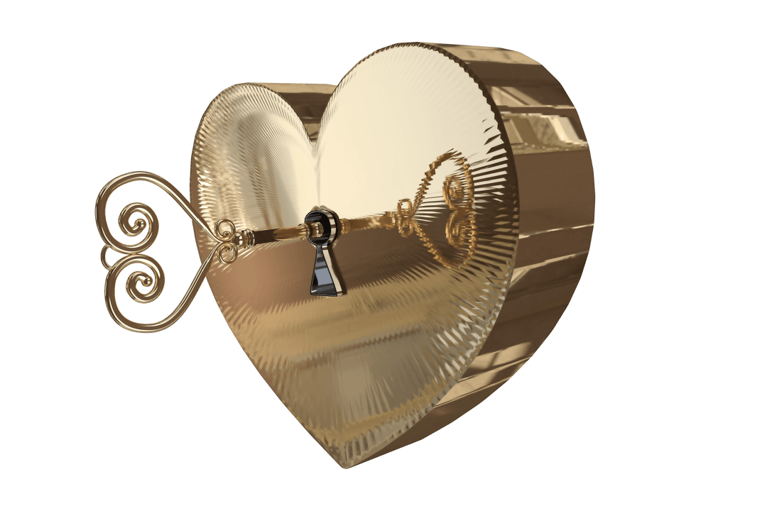 Golden Heart Lock with Key on Transparent Background for Love Concept