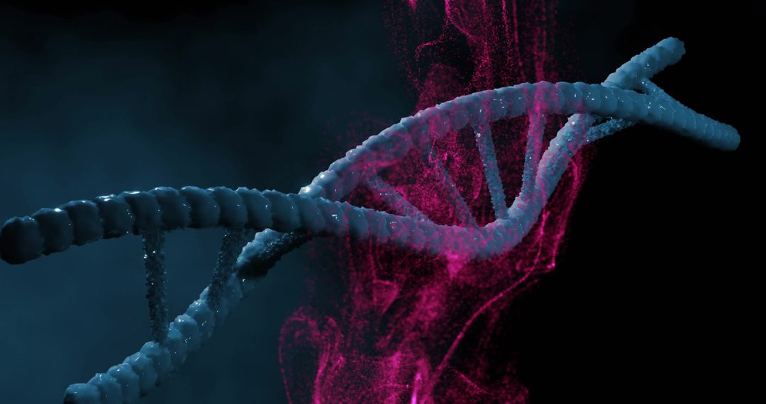 Abstract DNA Helix with Digital Pink Overlay on Blue Background