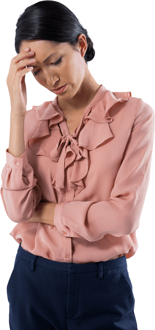 Transparent Stoic Female Executive Feeling Stressed in Thoughtful Pose