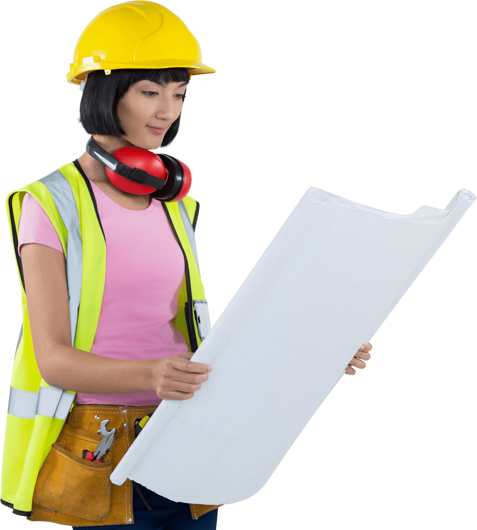 Transparent Female Architect Analyzing Construction Blueprint in Protective Gear