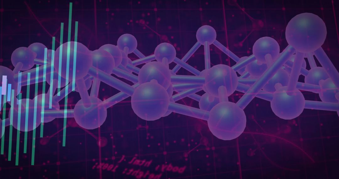 Futuristic 3D molecular network visualization with neon purple nodes and cyan data bars