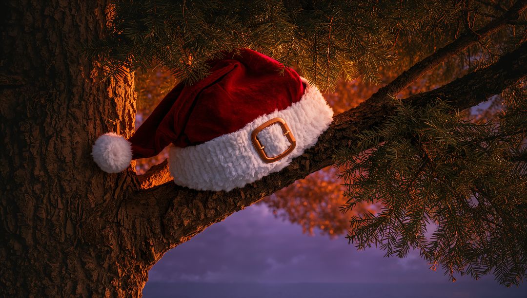 Draping Santa hat on evergreen branch at coastal dusk with cinematic warm golden backlight