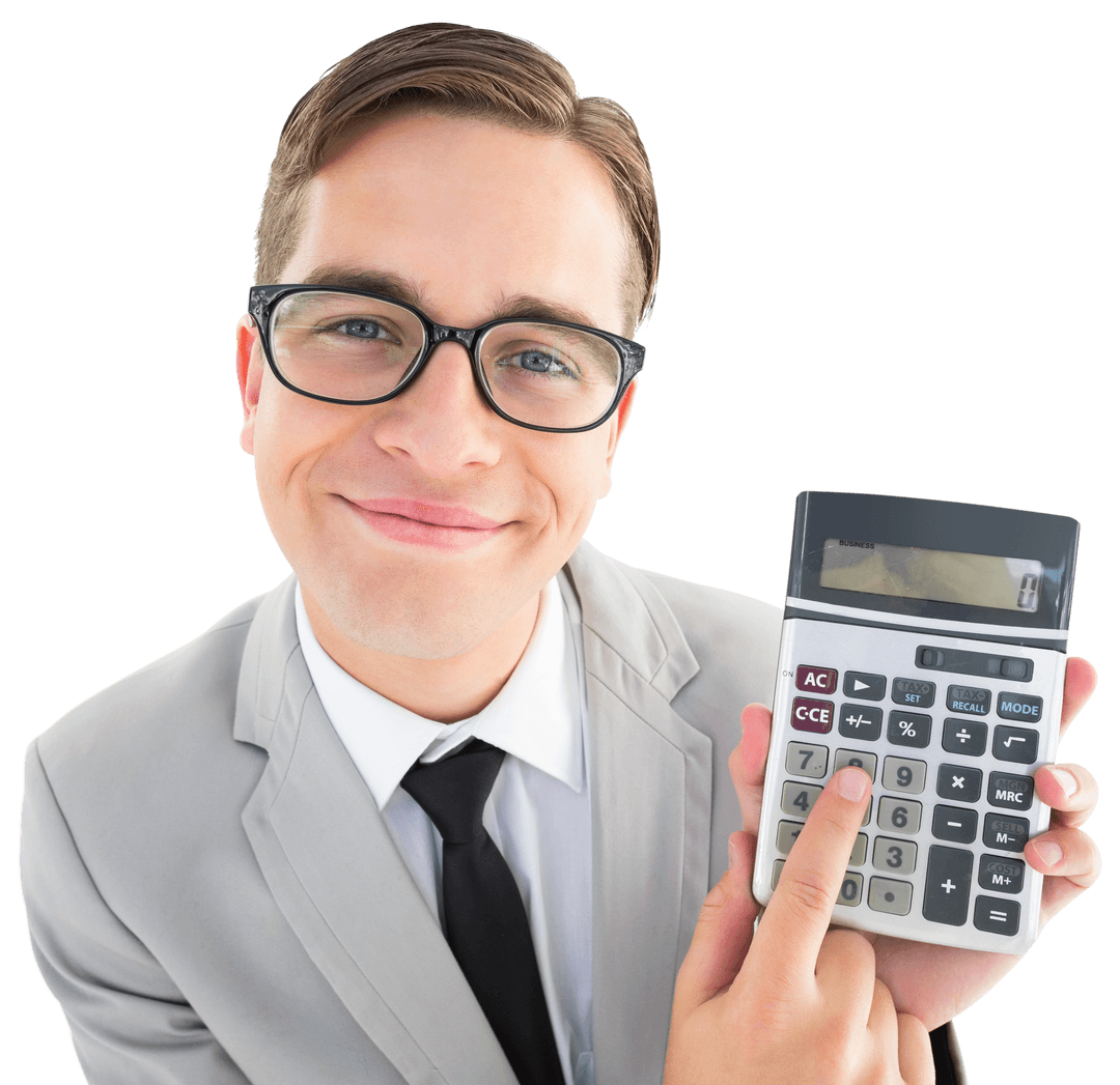 Businessman in Suit Holding Transparent Calculator Smiling