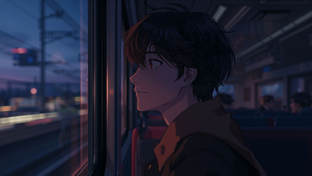 Contemplative Teenage Boy on Train Journey at Twilight
