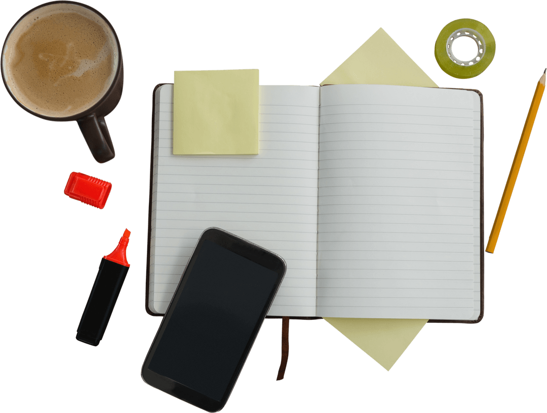 Transparent Work Desk Scenery with Coffee and Smartphone