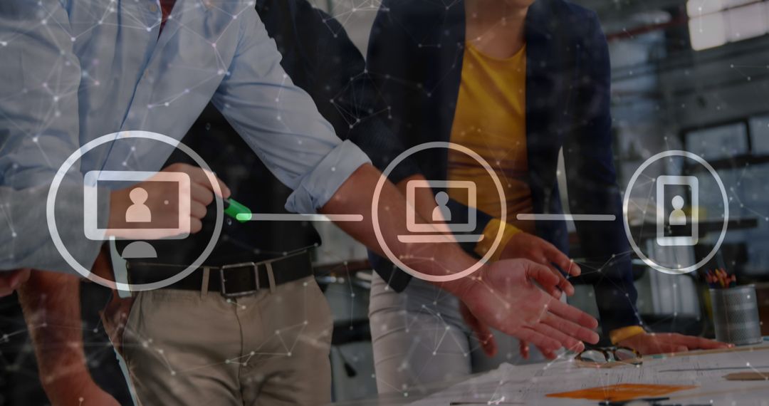 Diverse Team Collaborating in Modern Office with Digital Icons Overlay