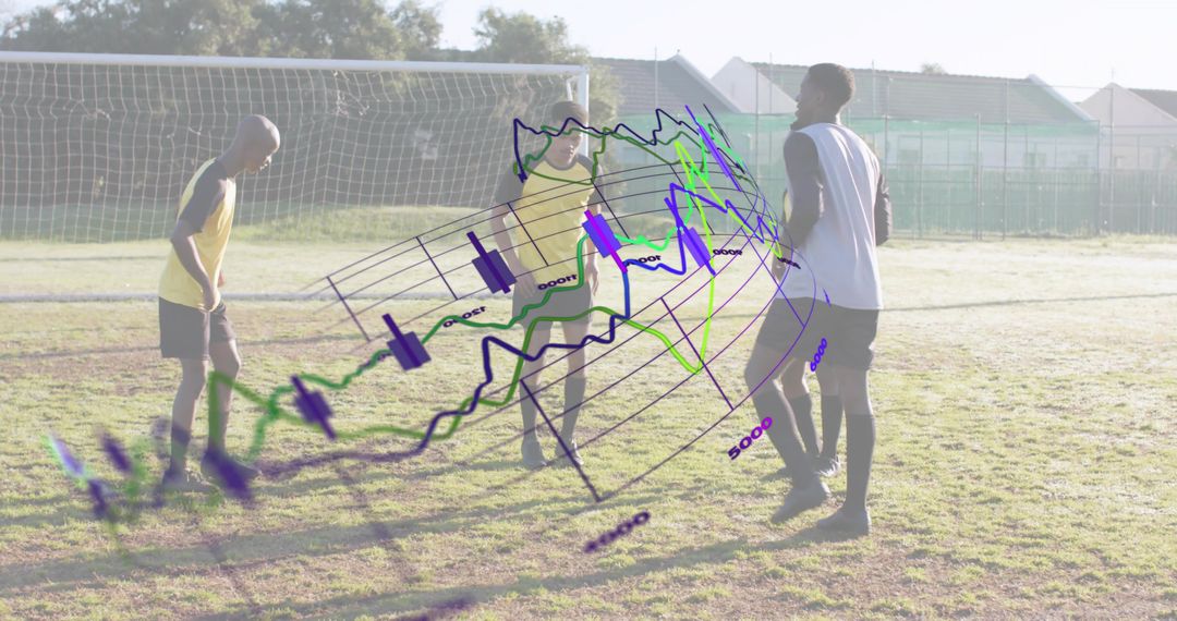 Youth soccer players training with 3D financial chart overlay for performance analytics