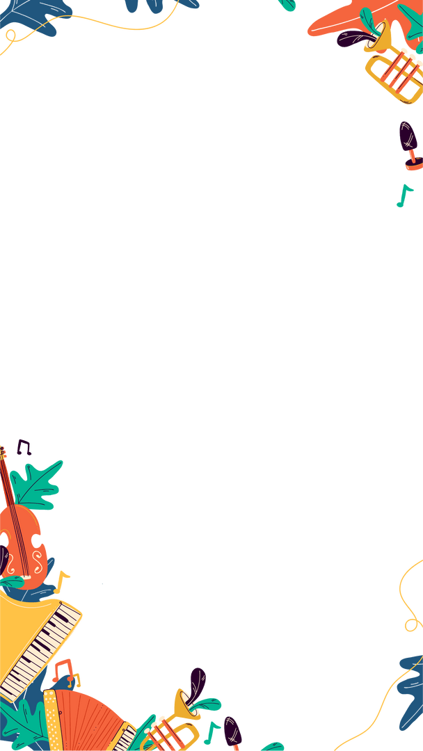 Vibrant Ornamental Music Frame with Instruments on Transparent Background