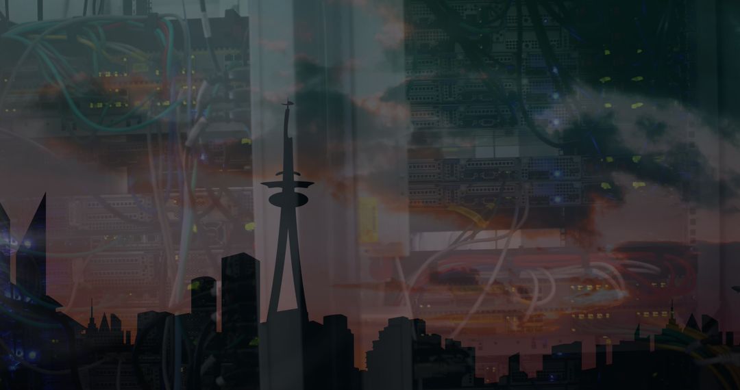 Abstract Cityscape with Digital Interface and Telecommunications Theme