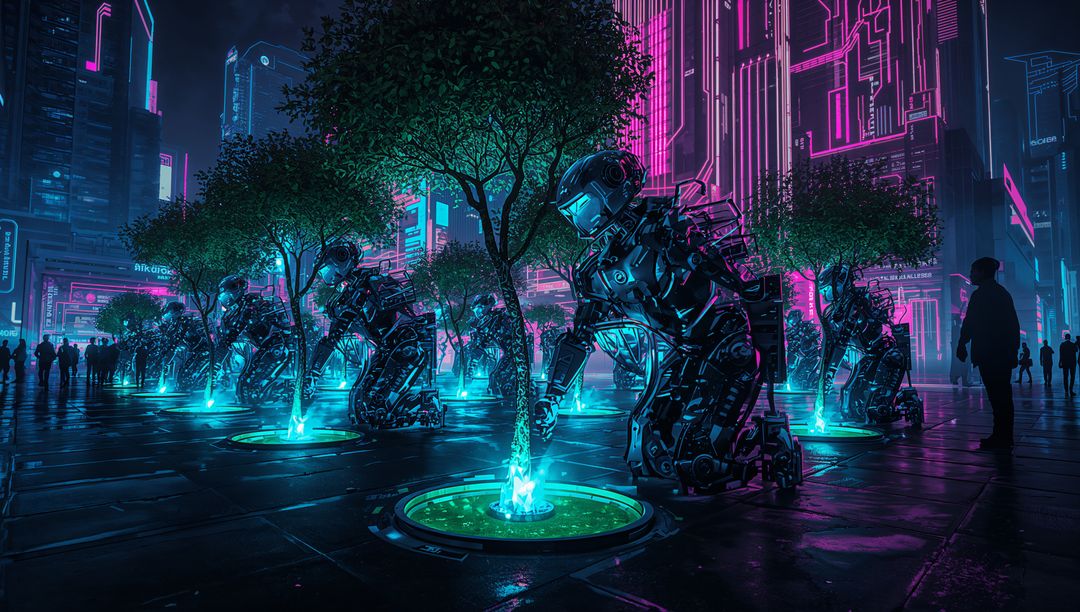 Robotic Caretaker Nurtures Neon Saplings in Futuristic Cityscape