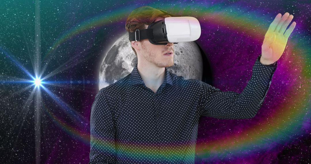 Futuristic Experience with VR Headset in Space Scene