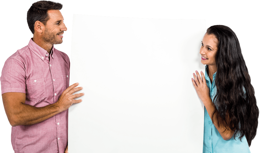 Smiling Couple Holding Large Blank White Sheet Transparent Background