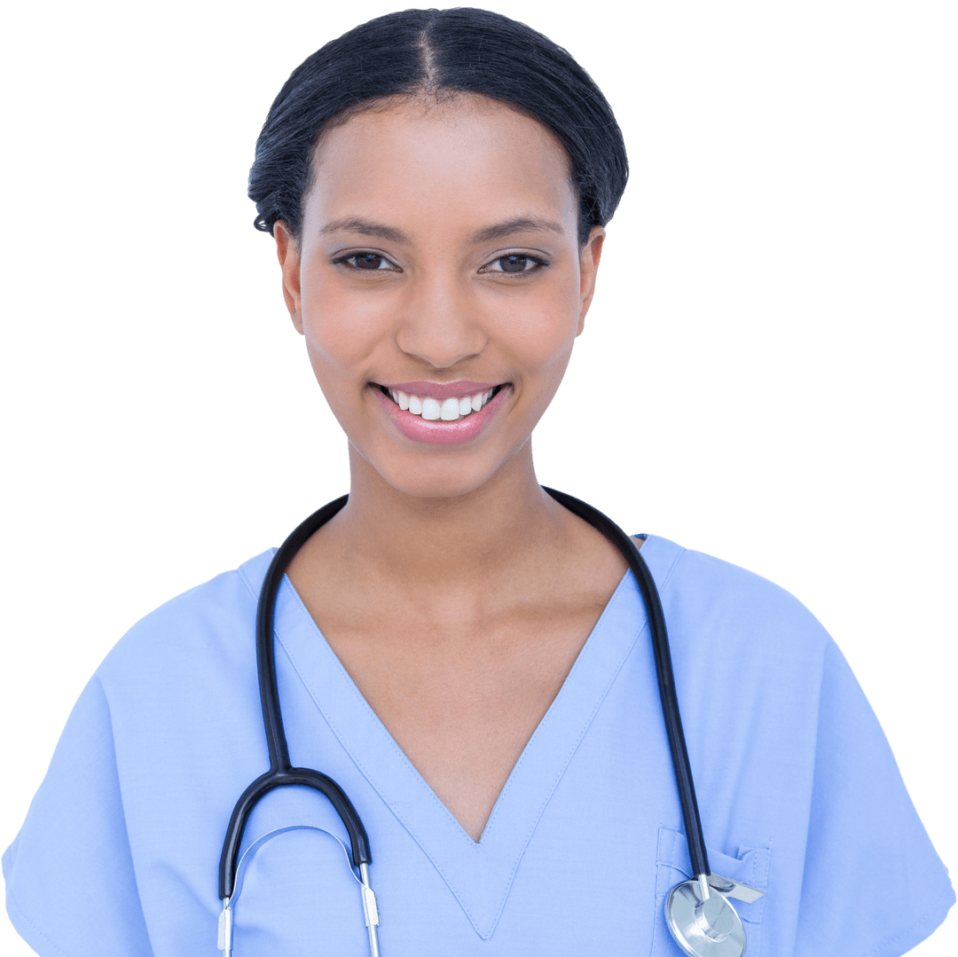 Smiling Female Doctor Wearing Blue Scrubs with Stethoscope on Transparent Background