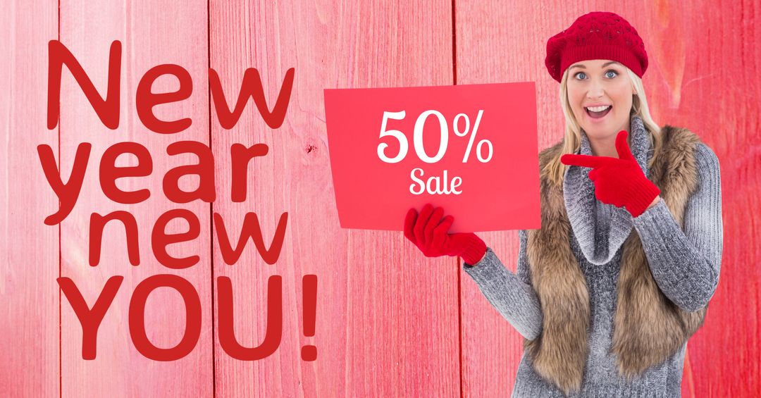 Exciting New Year Sale with Cheerful Woman Holding Sign