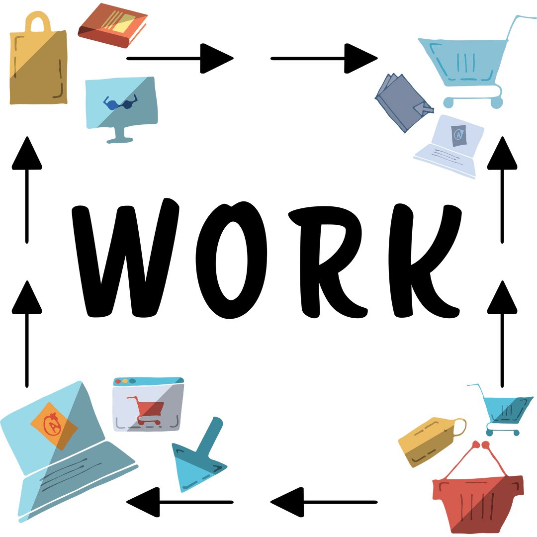 Digital Illustration of Shopping and Work Icons on Transparent Background