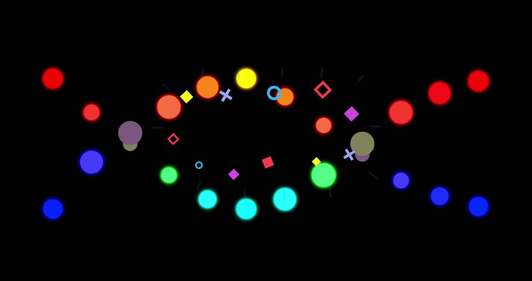 Glowing neon geometric band forming symmetrical circle of colorful shapes