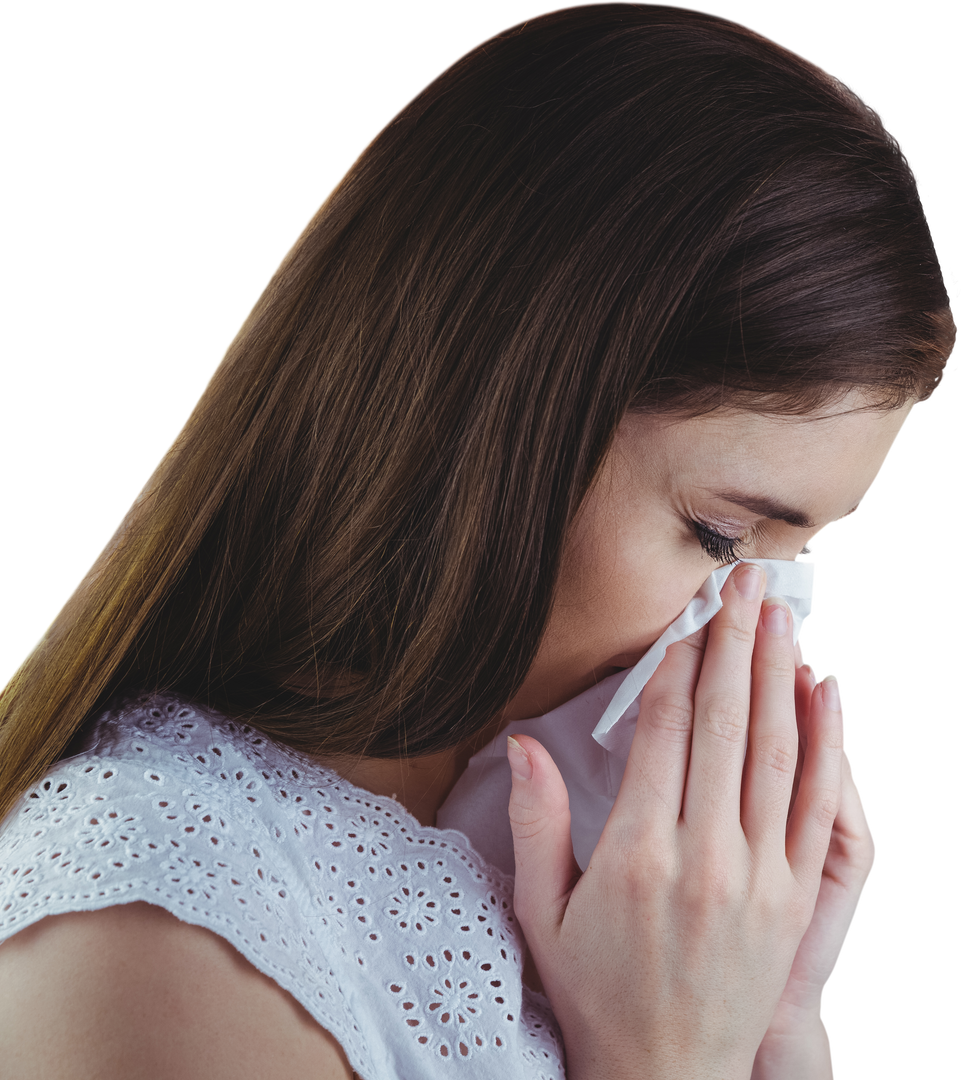 Close-Up of Sick Young Woman Blowing Nose, Transparent Background - Download Free Stock Images Pikwizard.com