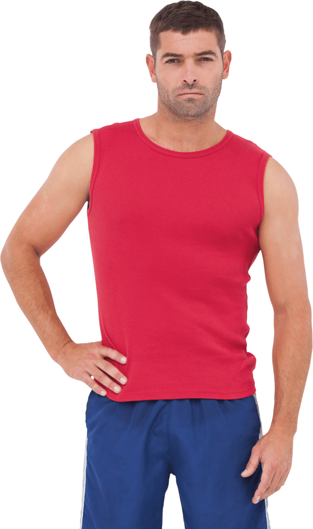 Athletic Man Wearing Red Tank Top on Transparent Background