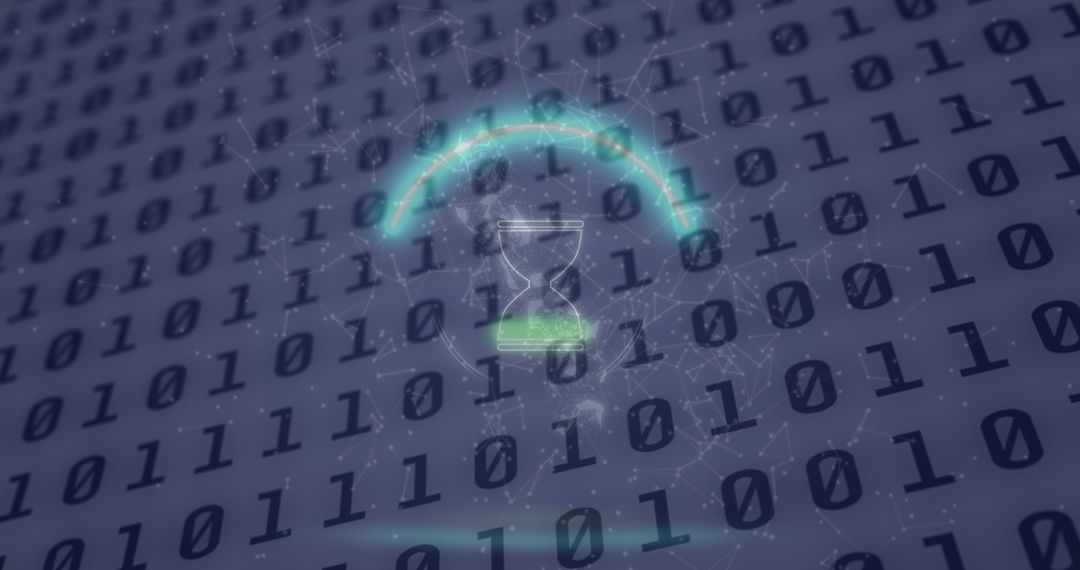Neon Hourglass Overlaying Binary Code on Digital Screen