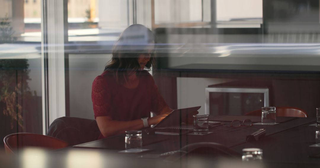 Woman Working on Tablet in Conference Room Behind Glass - Free Images, Stock Photos and Pictures on Pikwizard.com