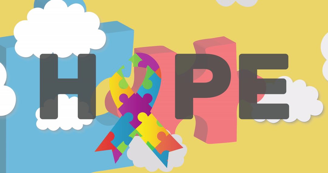 Colorful Text with Puzzle Ribbon Symbolizing Autism Awareness