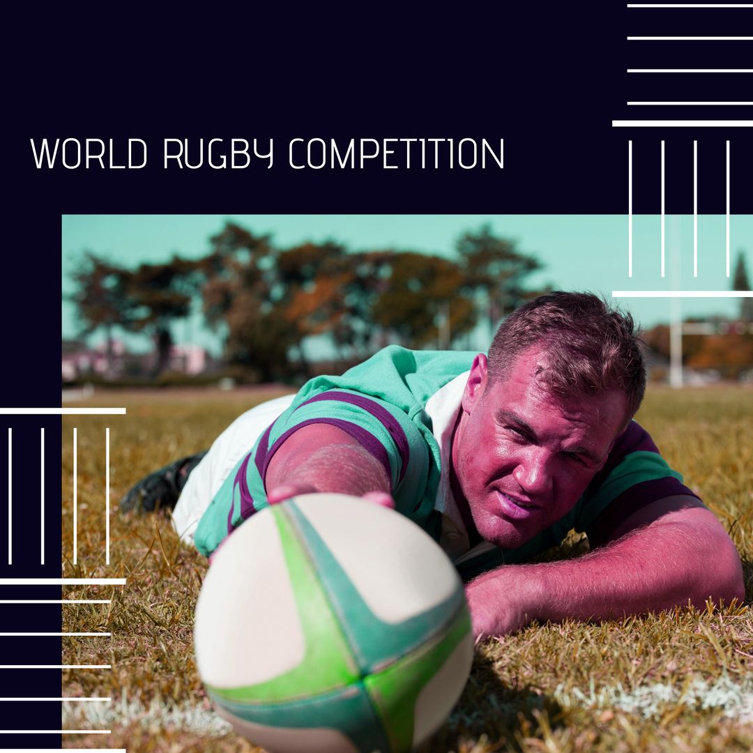 Determined Rugby Player Lying on Field with Ball
