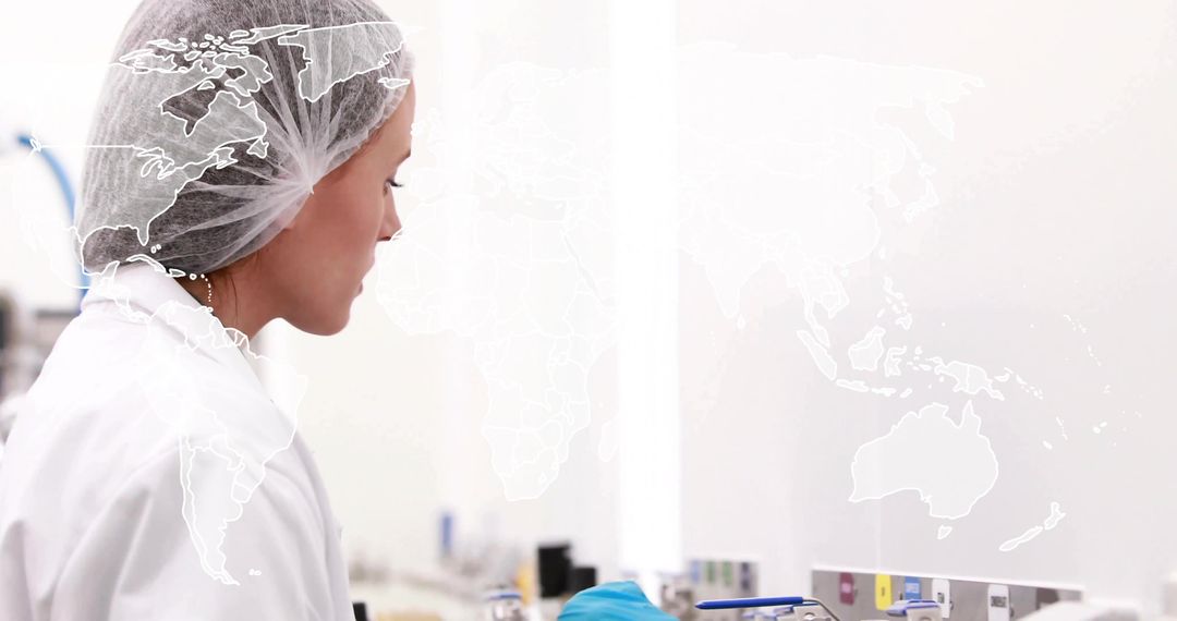 Female scientist pipetting in sterile lab with world map overlay for global research