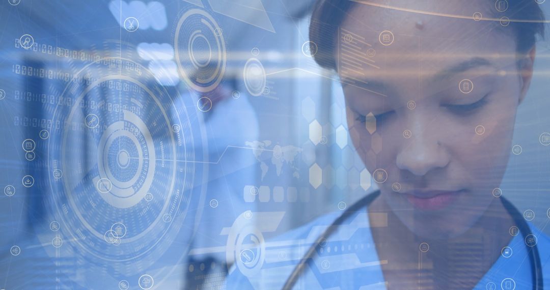 Close-Up of Female Nurse with Digital Interface and Data Hologram