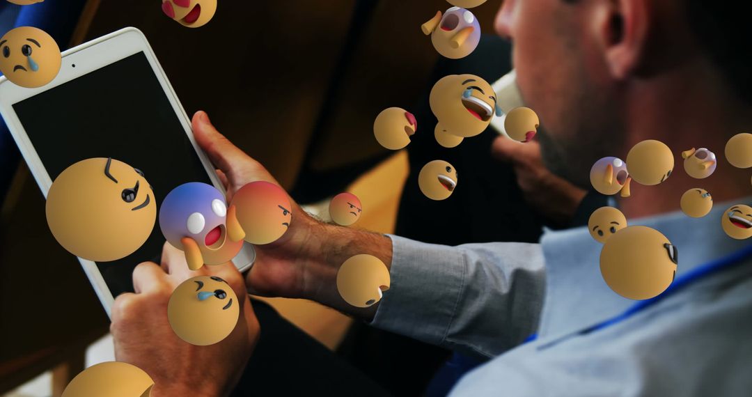 Seminar Attendee Engaging with Tablet Surrounded by 3D Emojis