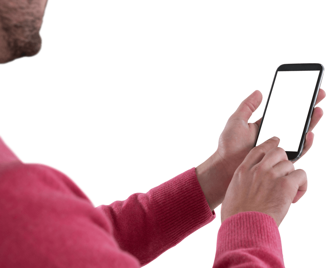 Transparent Background Man Using Smartphone for Adventure Apps