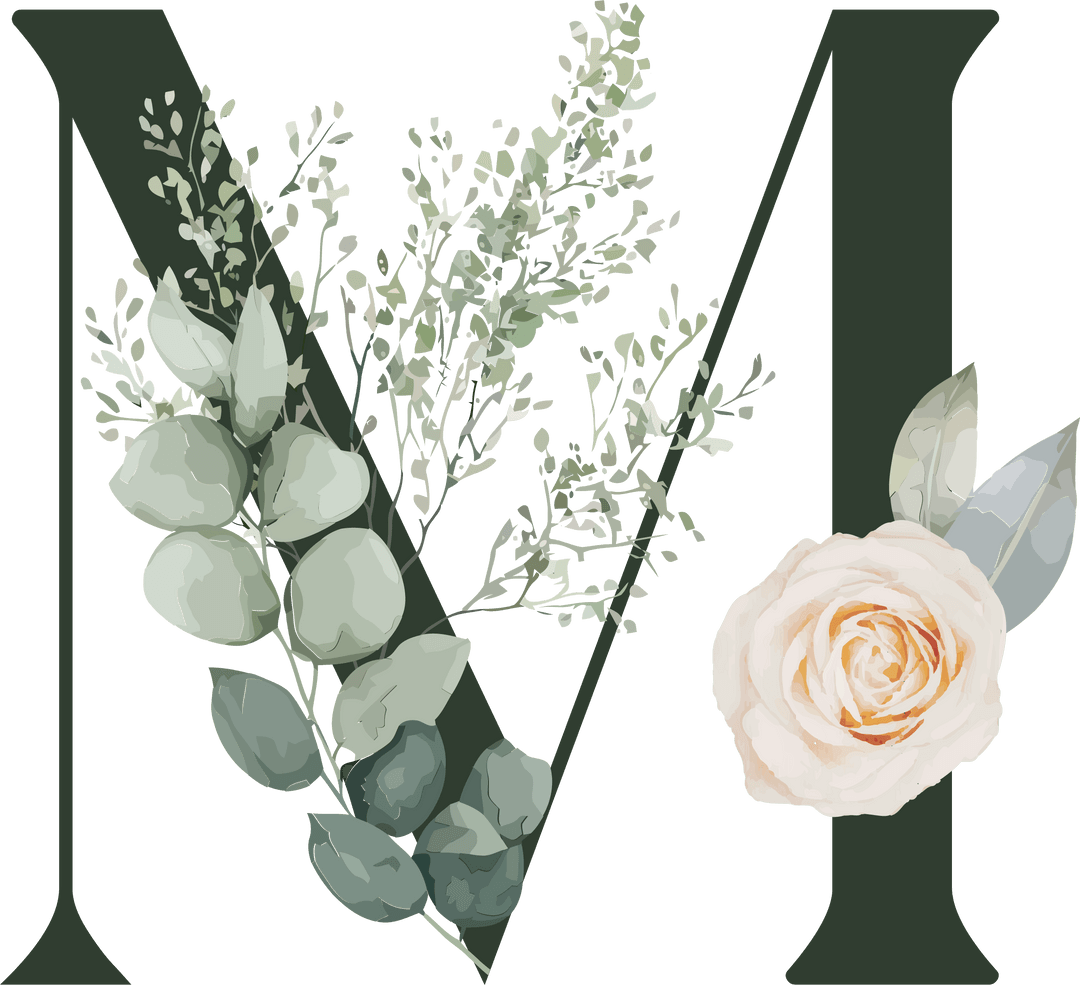 Monogram M with Eucalyptus and Peach Rose on Transparent Background