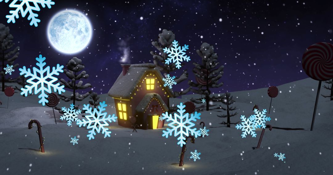 Enchanting Winter Scene with Snowy Cottage under Full Moon