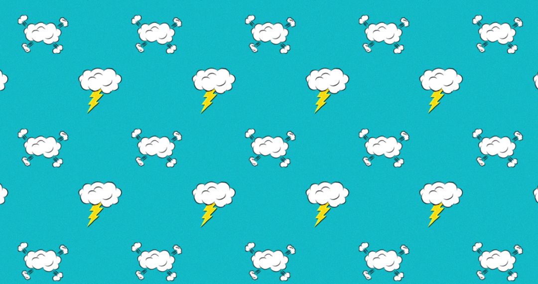 Retro Cartoon Cloud and Lightning Pattern on Teal Background
