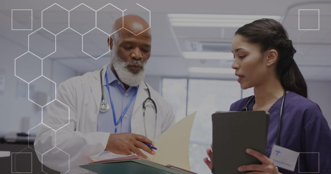 Doctors Discussing Healthcare Innovation with Digital Interface