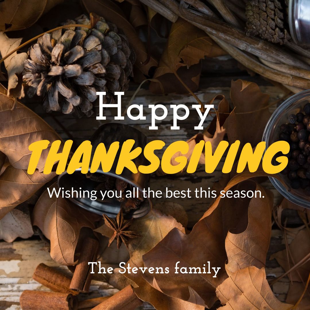 Thanksgiving Festive Card with Autumn Leaves and Pinecones