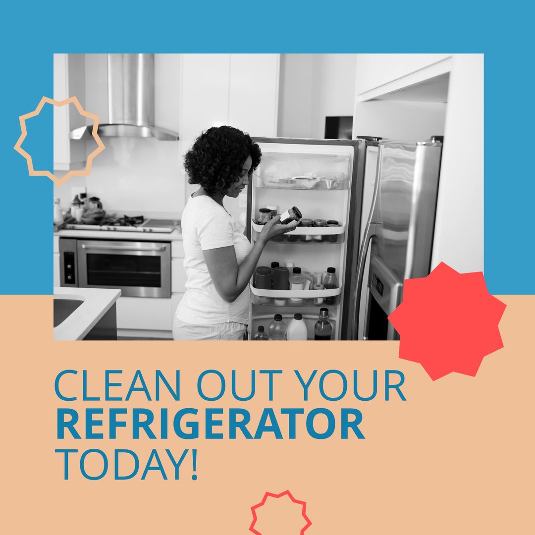 Image of clean out you refrigerator today over african american woman looking into fridge - Download Free Stock Templates Pikwizard.com