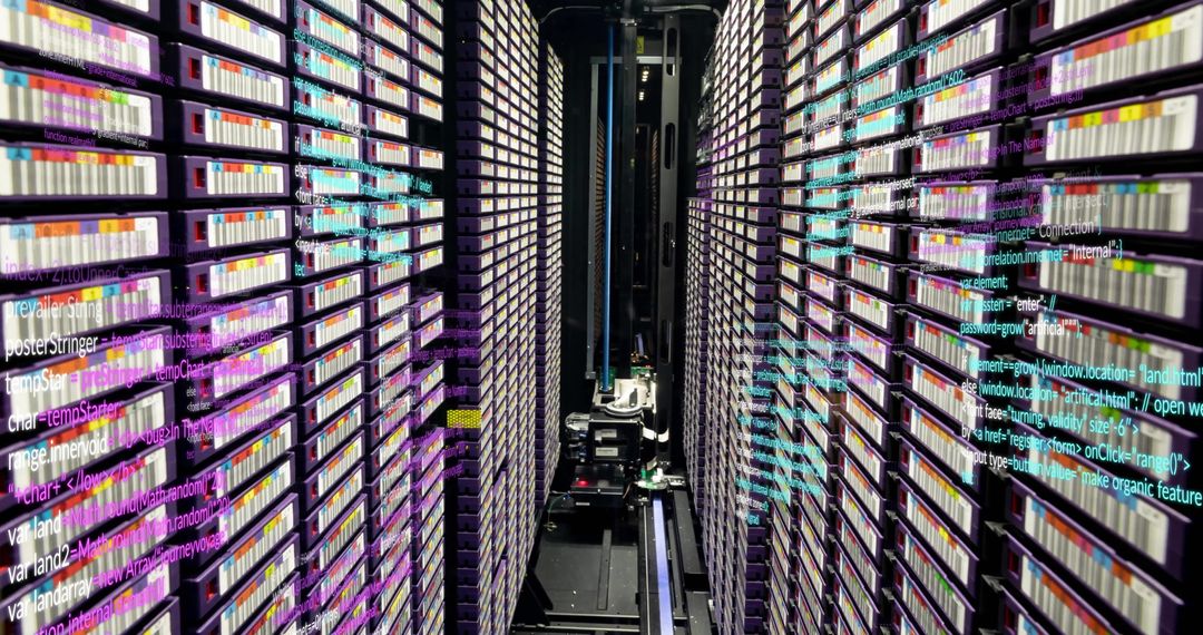 vibrant programming code overlay in large data server room - Free Images, Stock Photos and Pictures on Pikwizard.com