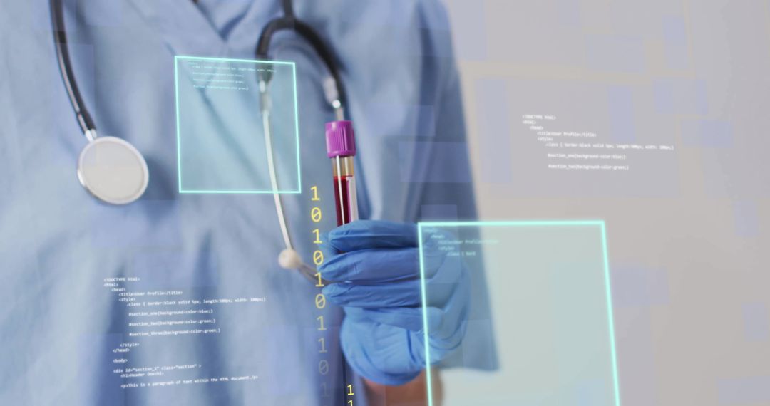 Healthcare Professional Analyzing Test Tube with Data Overlay