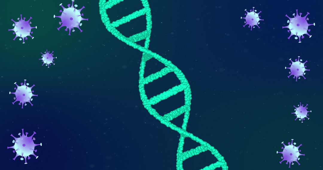 DNA Strand with Virus Particles on Dark Background